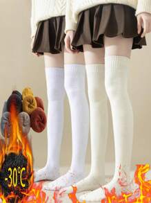 1 双女士过膝袜，加厚毛绒保暖长筒袜，适合秋冬季 - 彩色 - 查看 13