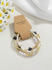 4 Stücke Set vergoldete Perlen-Armband aus Polymer-Ton mit Kreuzen für Frauen, süße, handgemachte, stapelbare bohemian Perlen Freundschaftsarmband, Kreuz-Armband Geschenk für Frauen (Das weiße Kreuz hat leichte Verfärbungen, bitte vorsichtig beim Fotografieren sein, wenn es stört)