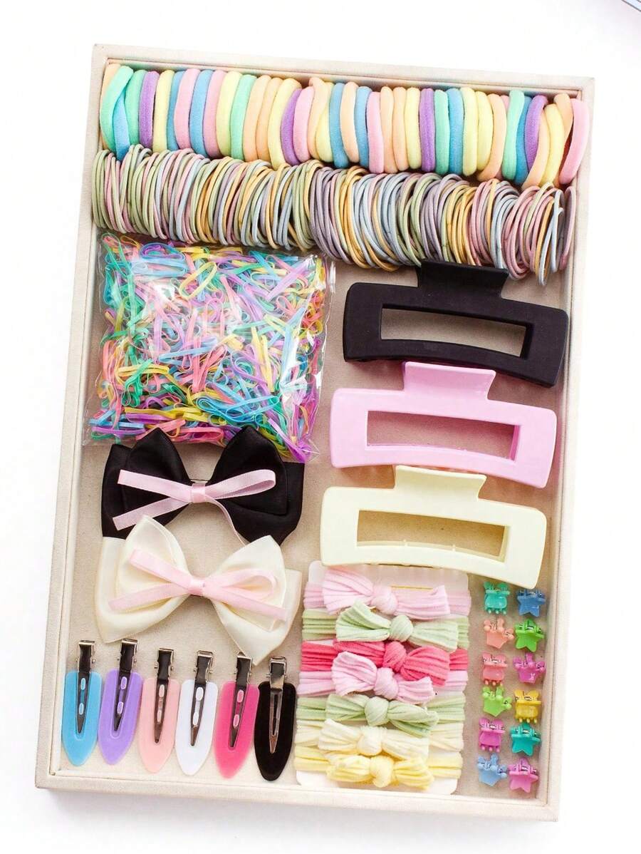 VBOOR 2/9/476 件蝴蝶结几何 ABS 树脂发饰套装，可爱简约优雅爪形发夹，弹力发带，韩式 Y2K 刘海夹，女士和女孩适用发夹 - 彩色 - 查看 1