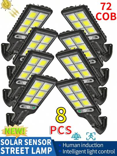 1/2/4/6/8pcs Solar Outdoor Lights, 7700W 6-Panel 72 COB Lamps, Yard Wall Lamps, Y Outdoor Camping Lights, Solar Landscape Lights, Black Shell White Light, 18650 High Capacity Battery, ABS Material, 3 Dimming Modes. Long-Lasting Illumination Outdoor Wall Lamp, Waterproof, Commercial Lighting, Adjustable Motion Sensor And Remote Control, Suitable For Commercial Streets, Home Yards, Outdoor Pathways, Gardens, Garages, And Decorative Lighting