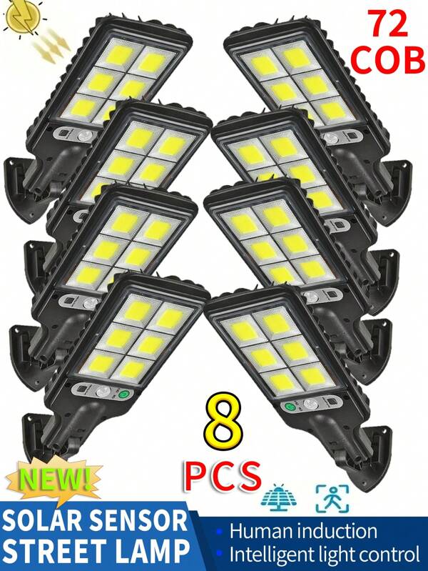 1/2/4/6/8 piezas Luces solares para exteriores, 7700W 6 paneles 72 lámparas COB, lámparas de pared y camping para patios, 3 modos de atenuación, batería de alta capacidad de 18650, material ABS, iluminación duradera para exteriores, resistente al agua, iluminación comercial, sensor de movimiento ajustable y control remoto, apta para calles comerciales, patios de casas, senderos exteriores, jardines, garajes e iluminación decorativa
