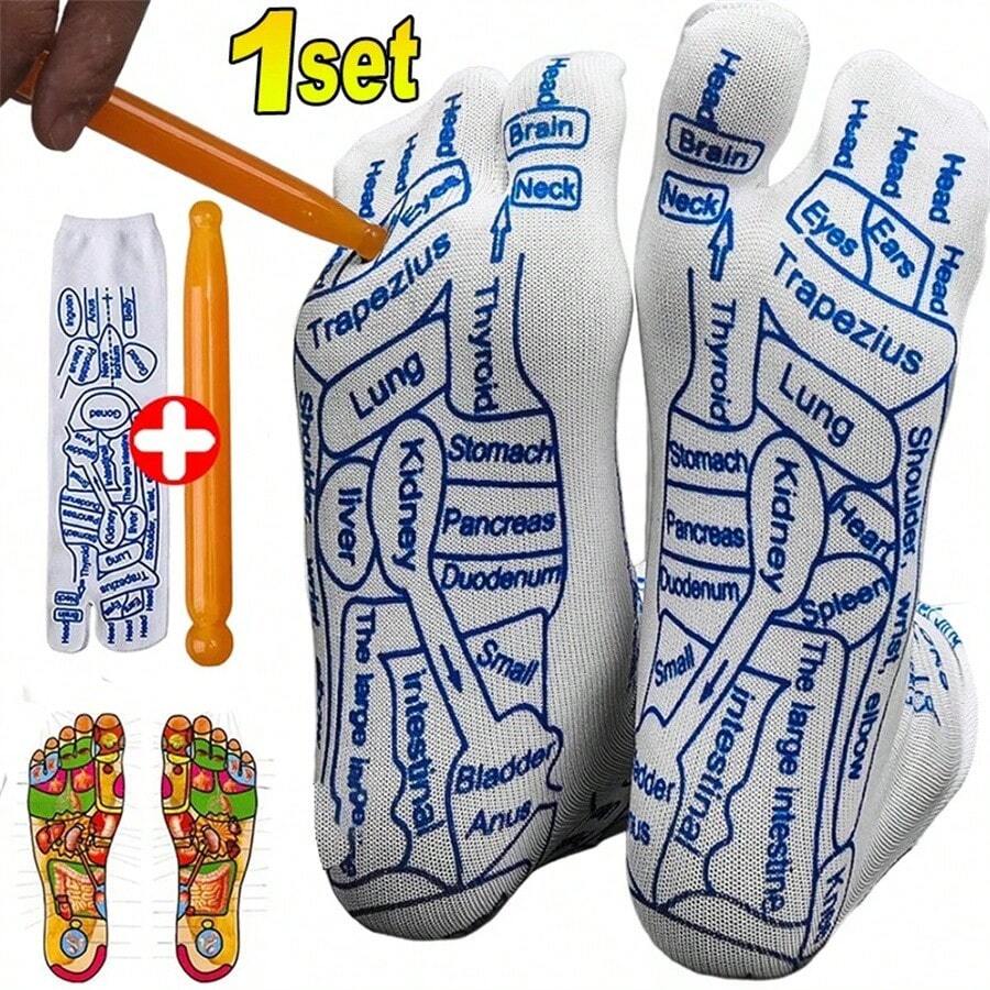 1-2 Pairs Set Foot Massage Acupressure Socks Physiotherapy Massage Tired Point Feet Reflexology Socks Split 2 Foot Socks Toe Relieve, Back To School Supplies - Women's Socks + Stick - View 1