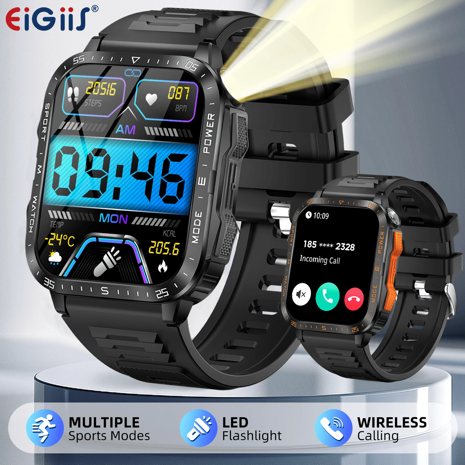 Smartwatch Uomo Militare Con AMOLED 1.75", Batteria 730mAh, Torcia LED, Chiamate Bluetooth, 100+ Sport, Monitor Salute 24/7, Impermeabile 5ATM