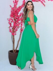 Women's Dress With Front Slit, Neckline On The Bust, Thin Straps - màu xanh lá - Xem 2