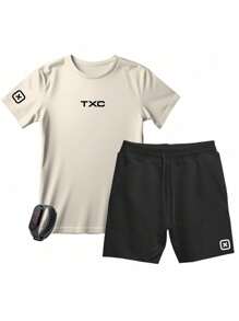 Men's T-Shirt And Shorts Kit Cotton Various Colors + Free Watch - 卡其色 - 查看 1