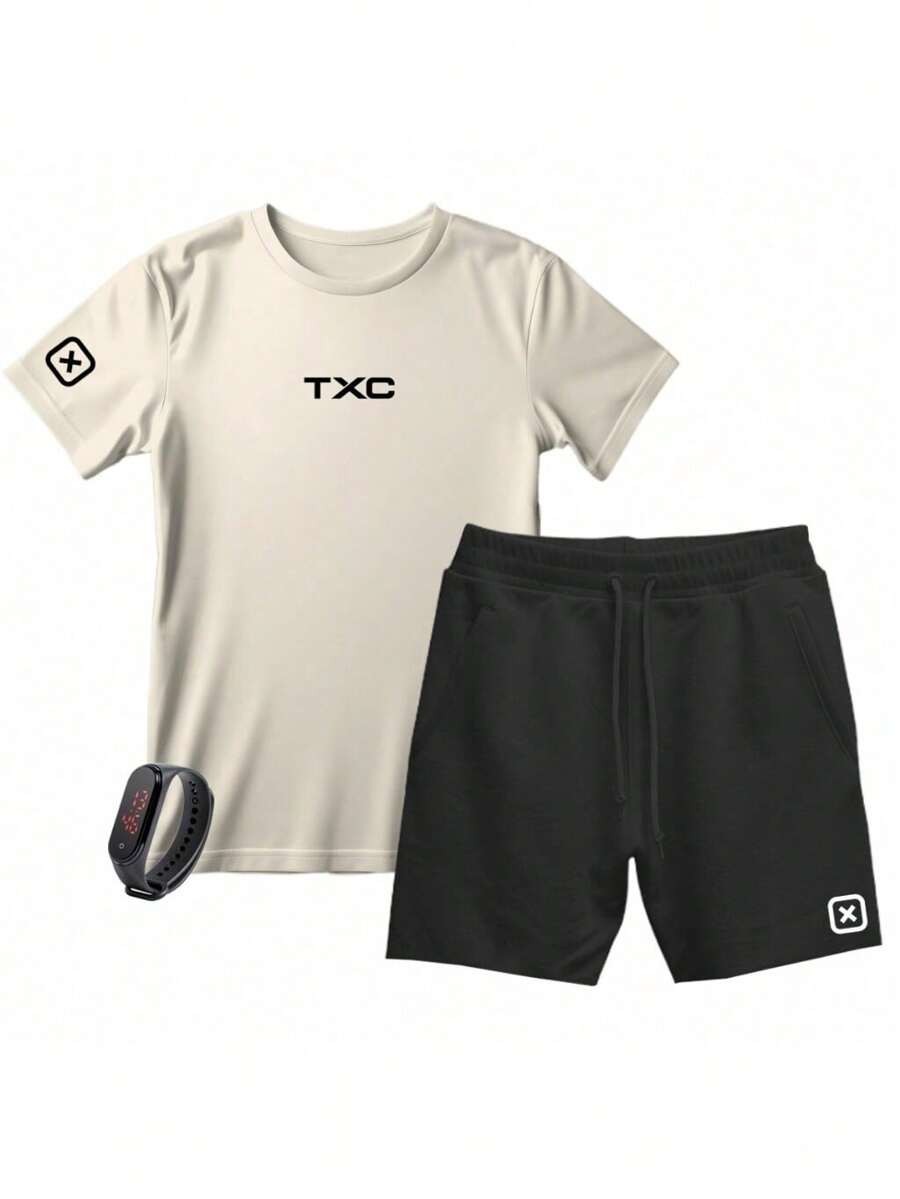 Men's T-Shirt And Shorts Kit Cotton Various Colors + Free Watch - 卡其色 - 查看 1