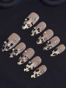 10 chiếc móng tay giả thủ công thời trang Y2K họa tiết da báo, mắt mèo, đính pha lê hình hạnh nhân, móng dán, phụ kiện làm móng, móng giả thủ công. - màu nâu - Xem 3