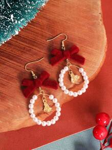 女士可爱植绒蝴蝶结耳钉，复古法式风格，情人节耳环，植绒纹理耳饰，适合秋冬季 - 彩色 - 查看 2