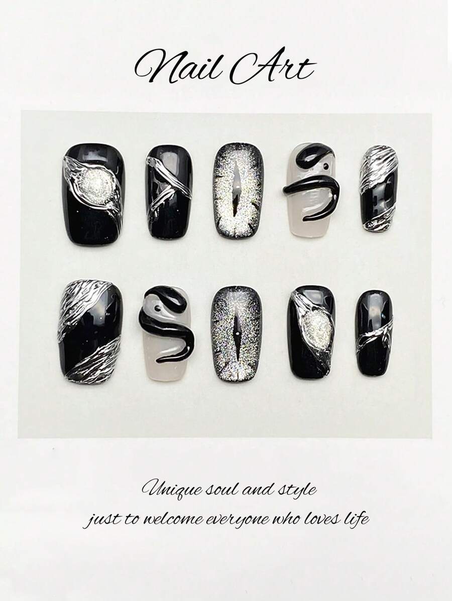 10 件短方形/圆形深色酷哥特式黑白 3D 眼睛、蛇、猫眼金属镜面光泽指甲贴纸套装，是欧洲和美国时尚达人日常佩戴的理想美甲配件 - 黑與白 - 查看 1