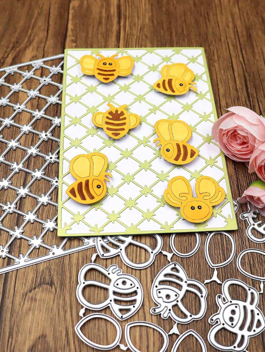 1/2 tấm nền lưới, mẫu khuôn cắt kim loại hình con ong, thảm cắt thủ công DIY, dùng để làm sổ lưu niệm, làm thiệp chúc mừng