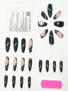 Bộ 24 móng tay giả hình trái tim đen trơn, sọc bột bạc và hình quả hạnh nhân + Gel móng tay + Dũa móng tay - màu đen - Xem 3