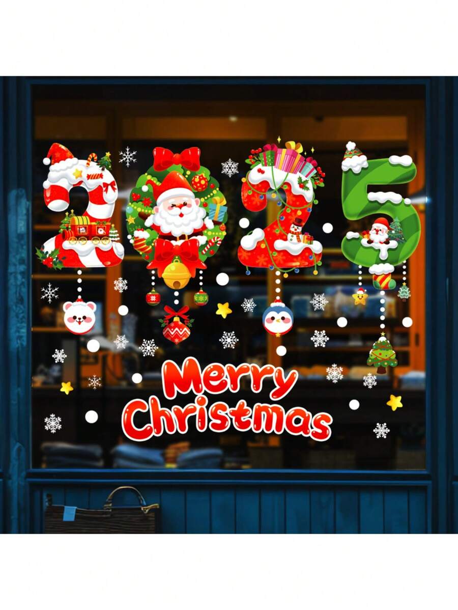 Miếng dán trang trí cửa sổ tĩnh điện có thể tháo rời hình bông tuyết và cây thông Noel, thích hợp cho cửa hàng, cửa sổ cửa hàng, tường, trang trí theo phong cách mới năm 2025 - Nhiều màu - Xem 1