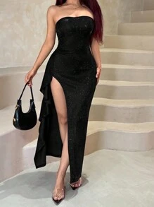 修身开衩亮面无肩带派对礼服，优雅女士风格，黑色正式晚礼服，适合婚礼宾客、毕业典礼、夏季晚宴等场合。 - 黑色 - 查看 3