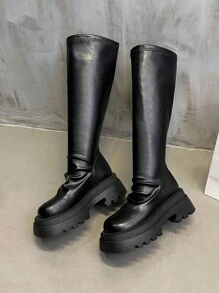 Women's Thick Sole Over-The-Knee Boots, Slim Fit, Back Zipper, Comfortable Black Knight Boots, Simple Stylish Long Shaft, Suitable For Autumn/Winter