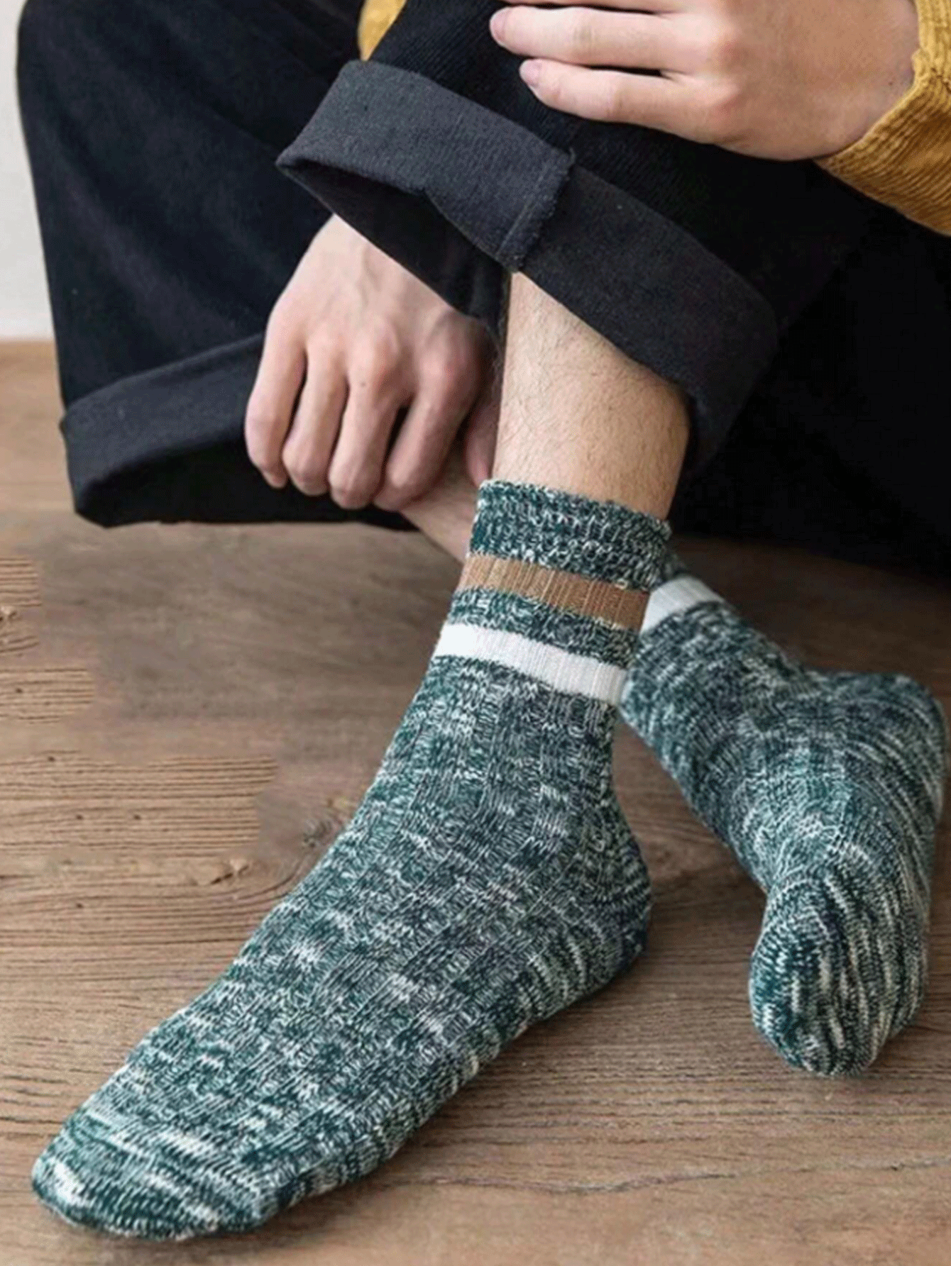 5双随机色厚针织竖条纹圆领袜子，秋冬季休闲街头装中长袜 - 彩色 - 查看 4