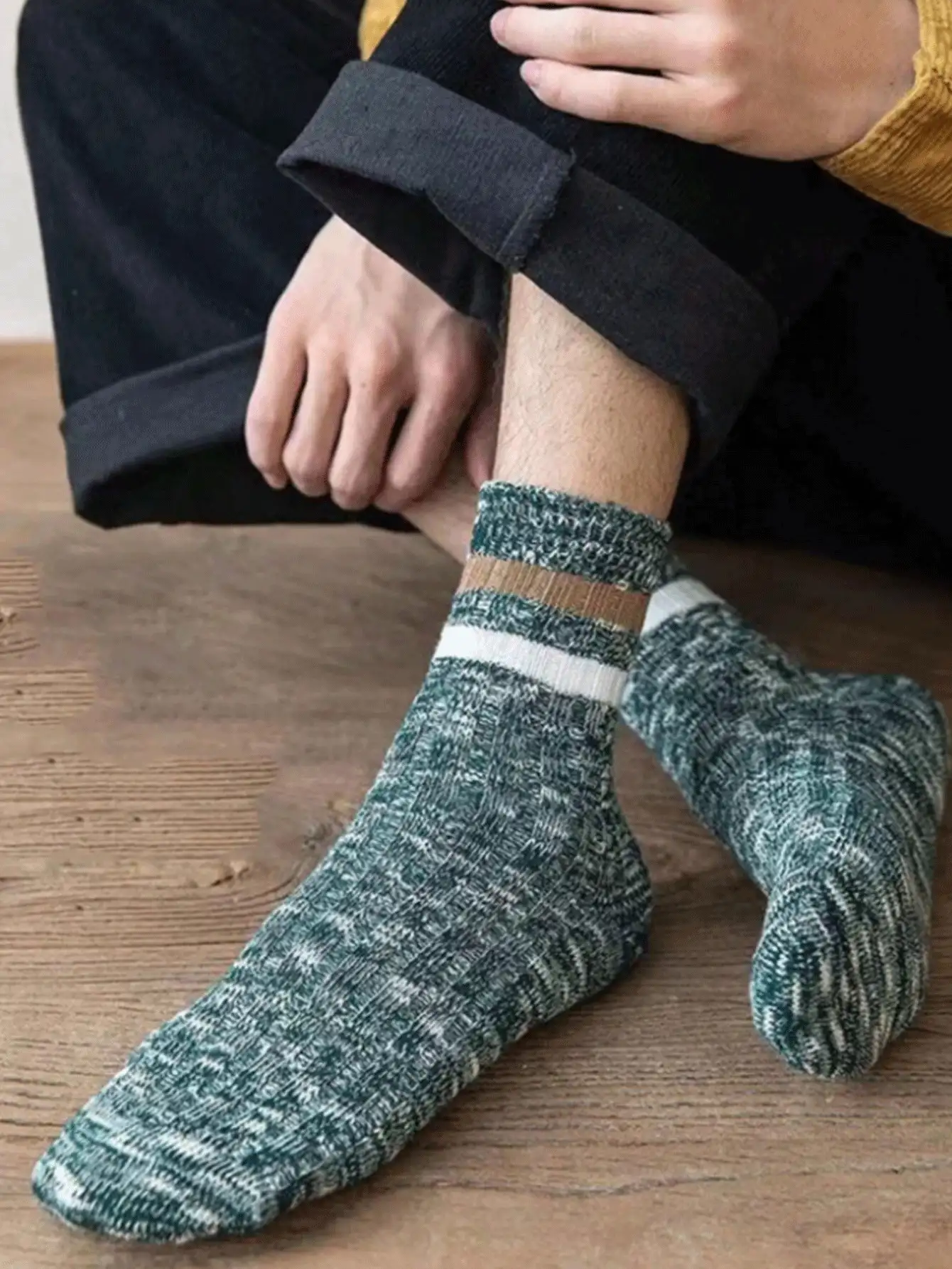 5双随机色厚针织竖条纹圆领袜子，秋冬季休闲街头装中长袜 - 彩色 - 查看 4