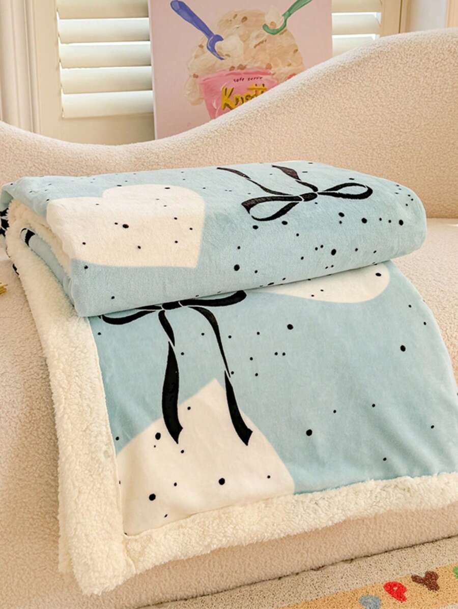 1 件卡通小狗波尔卡圆点图案羊毛毯，驼色，儿童睡被，床单，成人尺寸，适合四季使用，休闲沙发毯 - 愛心蝴蝶結 - 查看 1