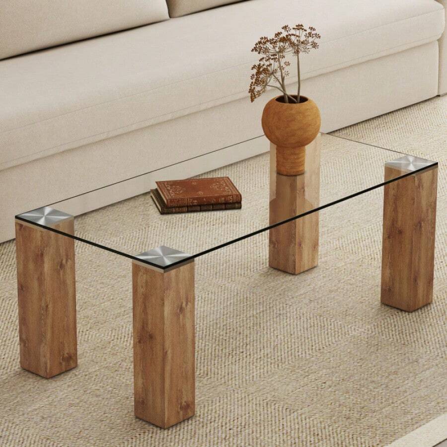 Modern Minimalist Rectangular Dining Table. Glass Desktop And Wooden