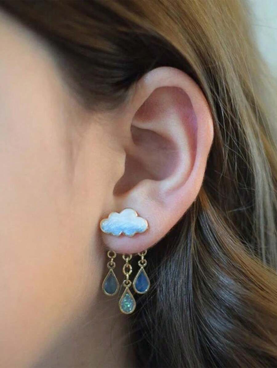 1 Cặp bông tai tua rua hình đám mây và giọt nước bằng hợp kim sáng tạo dành cho nữ, phong cách tối giản - Nhiều màu - Xem 1