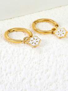 1 Cặp mặt dây chuyền chuông cây thông Noel bằng thép không gỉ hình bông tuyết, hoa tai vòng tròn, trang sức không phai, phụ nữ, trang phục dự tiệc Giáng sinh hàng ngày - Vàng - Xem 10