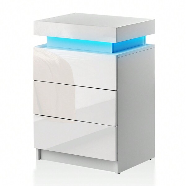 CLIPOP Nachttisch mit LED, Nightstand mit 3 Schubladen und oberer Aufbewahrung, Nachttische weiß, Hochglanz-Front, Bettschrank, Kommode, Schlafzimmer, Möbel, 45x35x67.5 cm