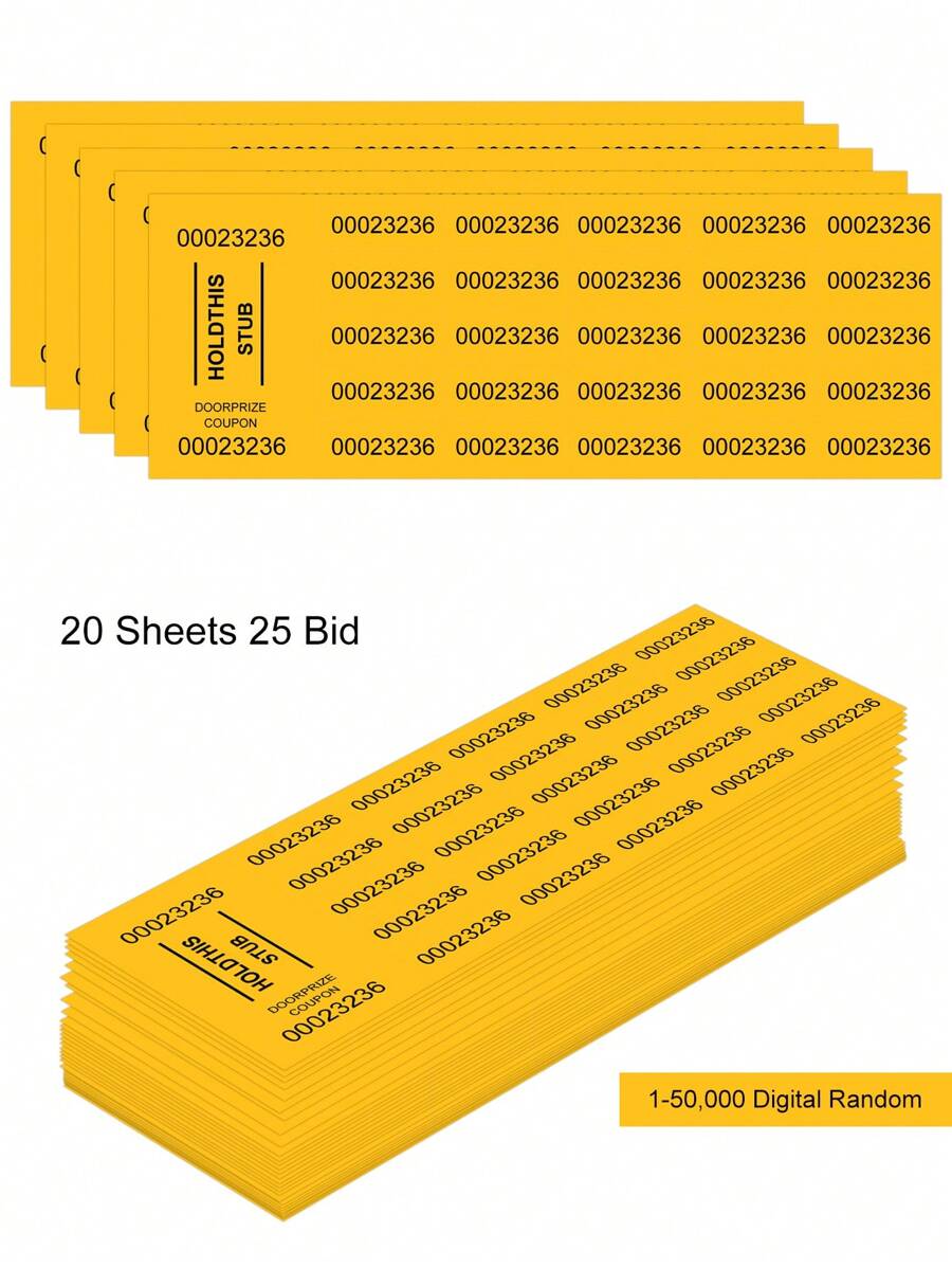 20pcs Auction Bidding Tickets With 25 Bid Numbers, For Silent Auction Class School Activity Ticket - Yellow - View 1