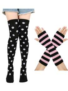 2 đôi: 1 đôi tất chấm bi + 1 đôi găng tay sọc, tất dài hóa trang Giáng sinh, đạo cụ trang điểm tiệc ngày lễ COS tất cao đến đùi chấm bi bọ rùa, găng tay cụt ngón kẻ sọc tiệc Giáng sinh - Nhiều màu - Xem 4