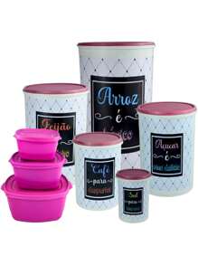 Conjunto de Potes De Mantimentos 5 Peças  e trio Oval Premium - Rosa chiclete - Visão 1