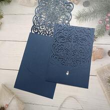 10pcs 4.92x7.28inch Navy Blue Pearl Paper Laser Cut Pocket Invitation Cards For Wedding Anniversary Party