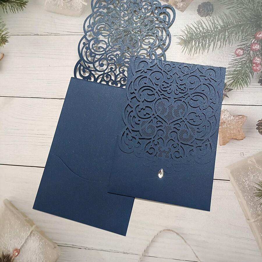 10pcs 4.92x7.28inch Navy Blue Pearl Paper Laser Cut Pocket Invitation Cards For Wedding Anniversary Party