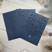 10pcs 4.92x7.28inch Navy Blue Pearl Paper Laser Cut Pocket Invitation Cards For Wedding Anniversary Party