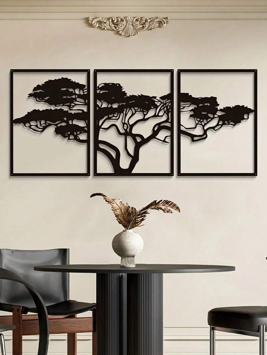 3 Piecesset, Tree Of Life Metal Hanging Wall Art Decoration, Black Rectangular Tree Logo Wall Hanging Frame, Living Room, Office, Bedroom Wall Decoration, Housewarming Gift,Suitable For Modern Home Decor, Home Decoration - màu đen - Xem 1