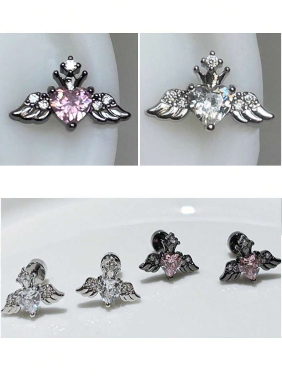 1 Peça Brinco de Titânio com Coração e Asa de Cristal Hipoalergênico, Brinco de Zircônia Branca e Preta, Brinco de Titânio Revestido a Ouro com Coração e Asa de Anjo, Cuidado com Orifício da Orelha, Design Barroco, Delicado, Nicho Doce e Legal, Brinco de Piercing de Cera de Ouvido Personalizado
