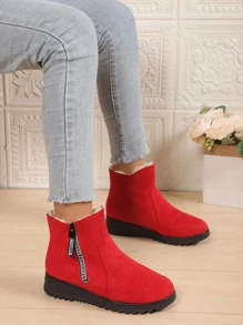 Autumn And Winter Red And Ankle Boots Zipper Round Toe Women's Short Boots Snow Boots Non-Slip Shoes With Velvet And Thick Platform Boots Warm Fur One Snow Boots - Red - View 3
