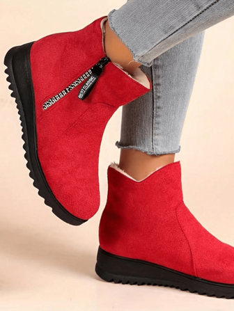 Autumn And Winter Red And Ankle Boots Zipper Round Toe Women's Short Boots Snow Boots Non-Slip Shoes With Velvet And Thick Platform Boots Warm Fur One Snow Boots