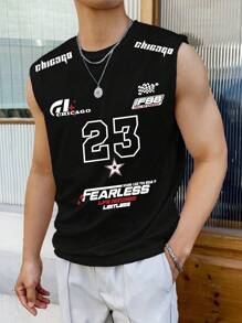 男式 23 号图案圆领休闲日常背心 - 黑色 - 查看 7