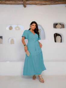 Women's Long Dress With Short Sleeves, Crossed Neckline And Belt, Evangelical Fashion - 查看 2