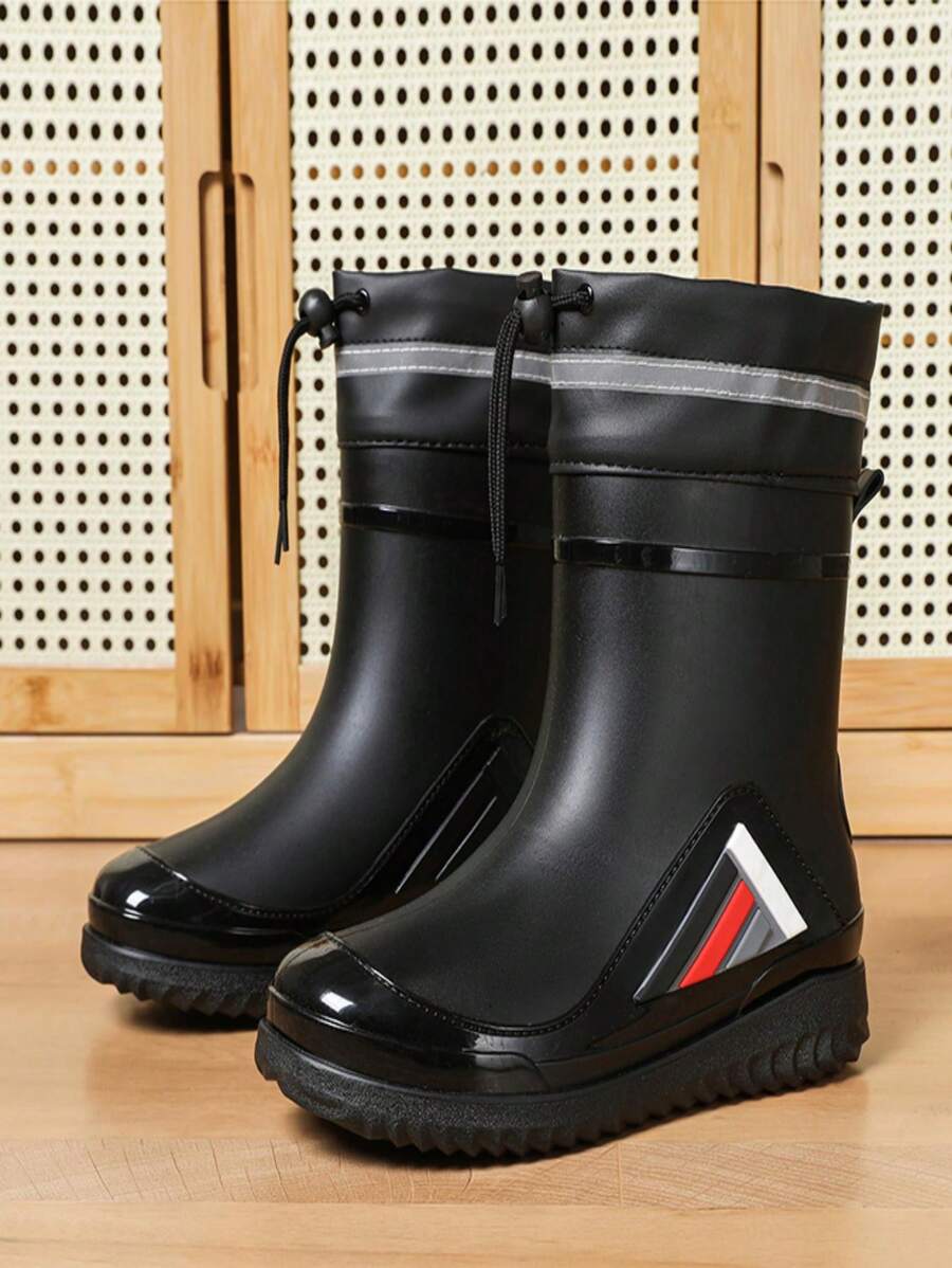 新品上市时尚中筒厚底防水防滑抽绳男式雨靴 - 黑色 - 查看 1