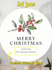 12/24/40 Pcs Various Custom Christmas Stickers, Round 5x5 Cm/ 2x2 In, 9 Optional Wreath Patterns Including Flower And Pine Branch Etc., Supporting Name And Text Customization Such As Personal Name, Family Name, Company Name, Addresses, Greetings Or Other Words