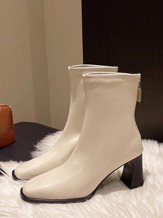 Women's Elastic Slim Fit Ankle Boots, With Zipper Back, Chunky Heel, Fashion Short Boots, Autumn/Winter