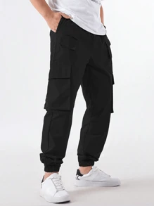 Men's Multi Pocket Drawstring Cuff Casual Cargo Pants - Black - View 3
