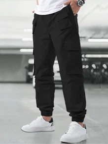 Men's Multi Pocket Drawstring Cuff Casual Cargo Pants - Black - View 1