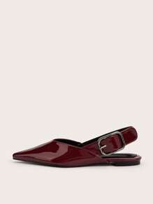 French Style Burgundy Leather Pointed Toe Buckle Decor Flat Mules