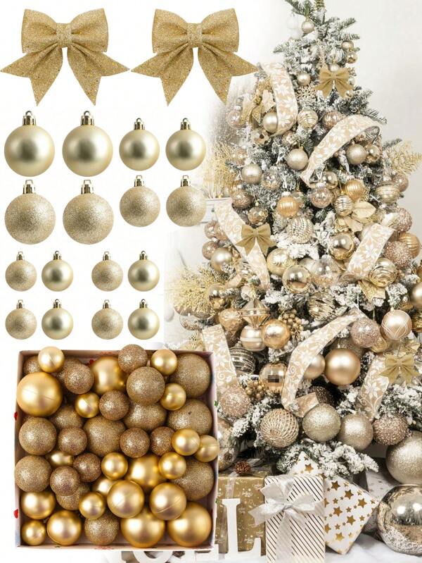 44pcs/Set Gold Christmas Ornament Balls, Christmas Balls With Strings, Gold Bows, For Christmas Tree, Festival, Wedding, Party, Home Decoration, Anti-Break, Glittering Holiday Hanging Decorations