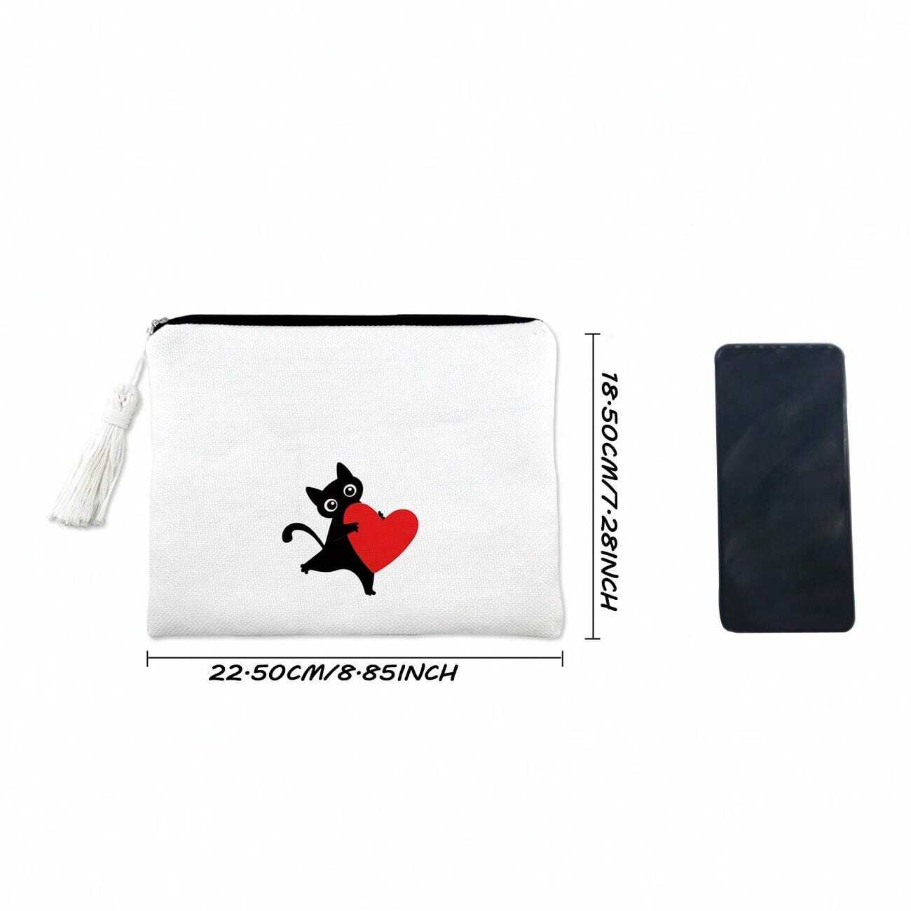 1pc Portable Cute Black Cat Canvas Makeup Bag, Makeup Tools & Cosmetics