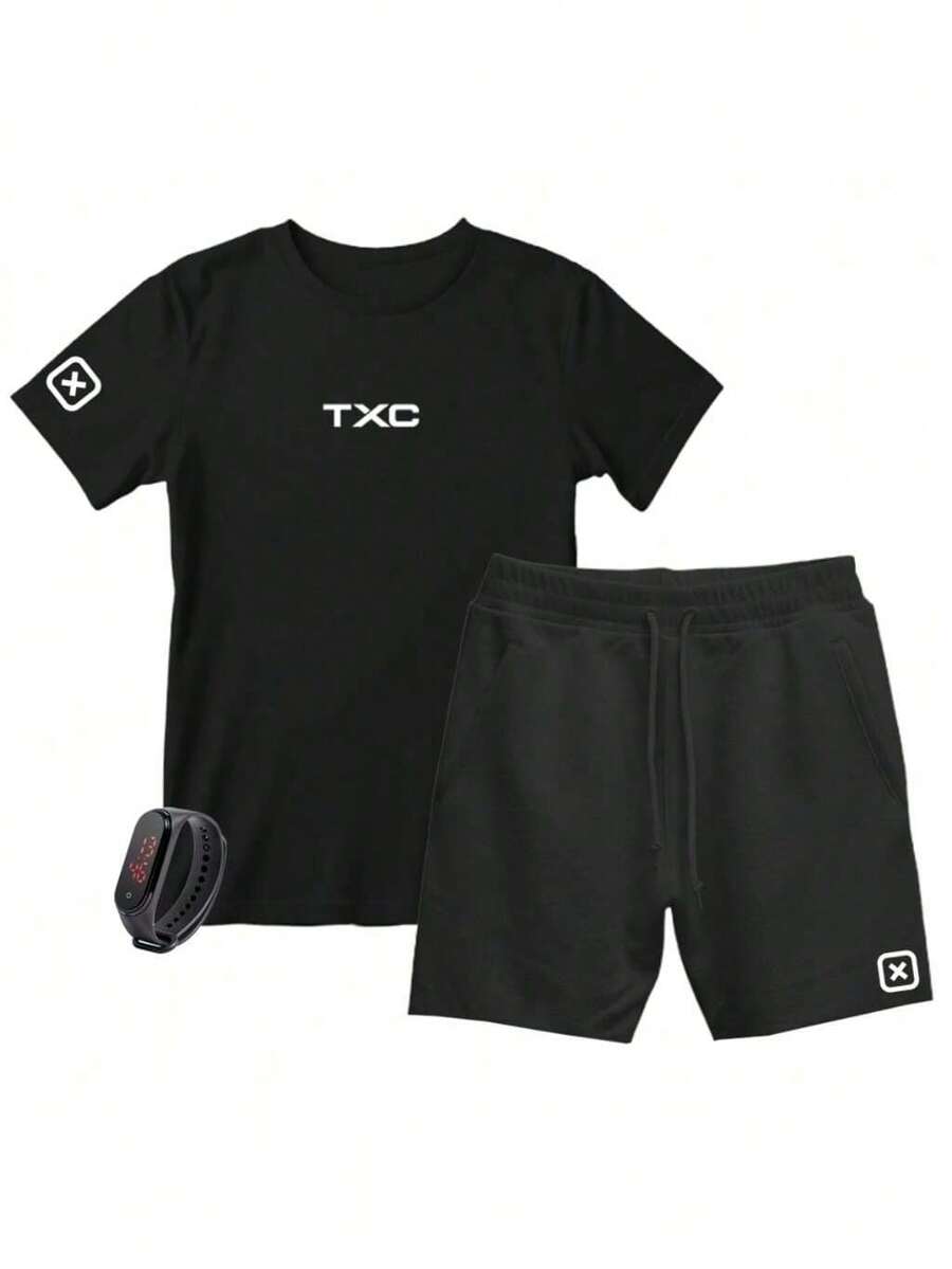 Men's T-Shirt And Shorts Kit Cotton Various Colors + Free Watch - 白色 - 查看 1