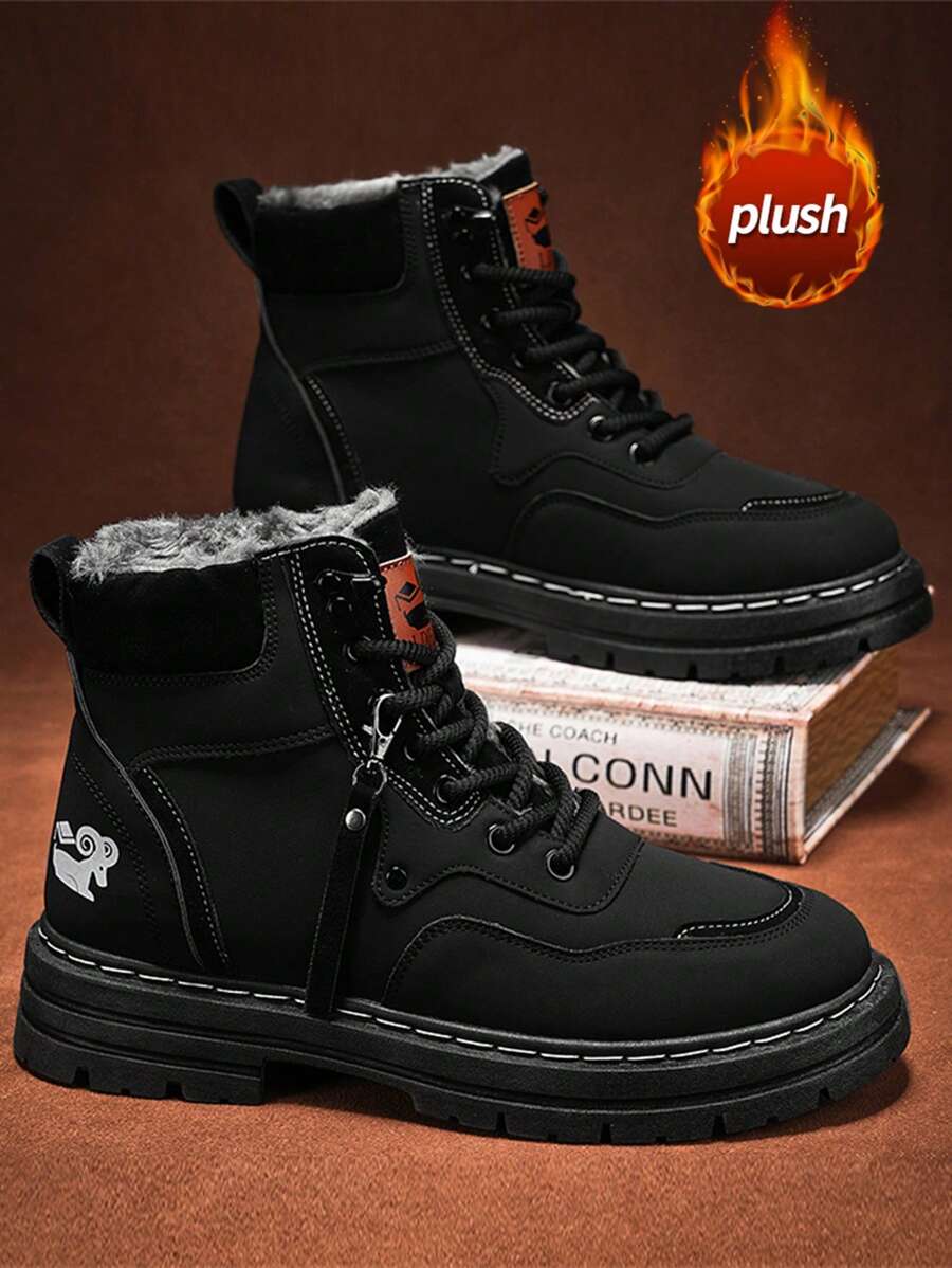 Men's High-Top Leather Riding Boots, 2024 Autumn Winter New Thick Sole Anti-Slip Warm Lining Padded Ankle Boots, Fashion High-Top Printed Stitched Boots For Men, Warm Winter Snow Boots - Black - View 1