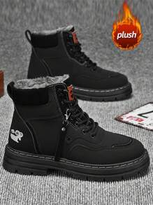 Men's High-Top Leather Riding Boots, 2024 Autumn Winter New Thick Sole Anti-Slip Warm Lining Padded Ankle Boots, Fashion High-Top Printed Stitched Boots For Men, Warm Winter Snow Boots - Black - View 2