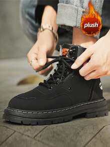 Men's High-Top Leather Riding Boots, 2024 Autumn Winter New Thick Sole Anti-Slip Warm Lining Padded Ankle Boots, Fashion High-Top Printed Stitched Boots For Men, Warm Winter Snow Boots - Black - View 3