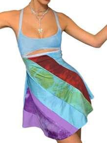 Vestido corto con corte en bloques de color para mujer: vestido informal de verano con tirantes finos, corte A y escote en U, estilo urbano moderno. - Azul - Ver 3